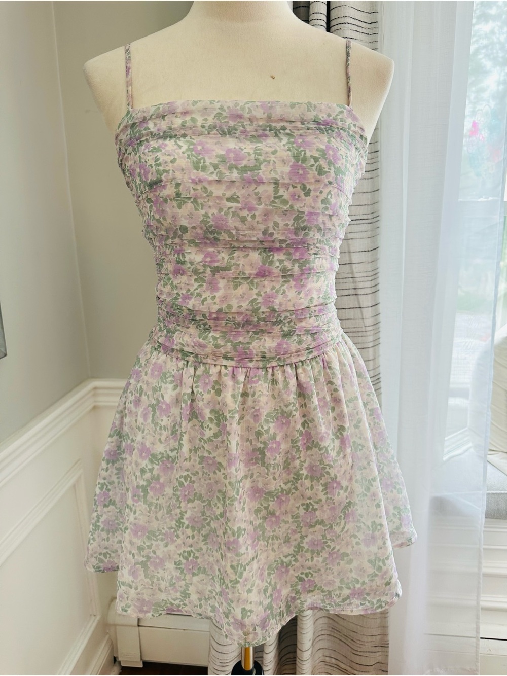 Hollister Womens Roched Green & Purple Floral Mini Dress w Under Shorts Sz S
